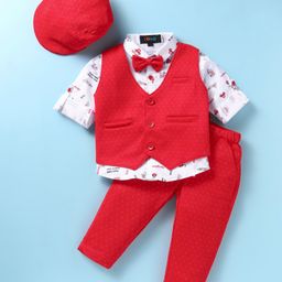 Robo Fry Lycra Knit Full Sleeves Car Printed 3 Piece Party Suit with Bow & Hat - Red-image-92