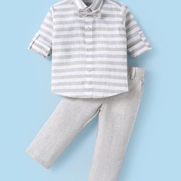 Robo Fry Linen Woven Full Sleeves Striped Shirt & Trouser with Bow - Light Grey-image-28
