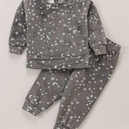 Babyhug Velour Woven Full Sleeves Winter Wear Co-Ord Set With Moon & Stars Print - Grey-image-90