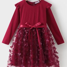 Kookie Kids Full Sleeves Textured Party Frock with Frill Detailing & Butterfly Applique - Maroon-image-41