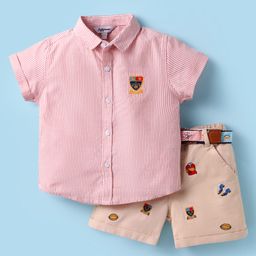 ToffyHouse Cotton Woven Half Sleeves Striped Shirt & Shorts Set with Belt & Embroidery - Pink & Tan-picture-10