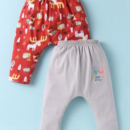 OHMS Single Jersey Knit Full Length Diaper Leggings With Bird & Floral Print Pack of 2 - White & Light Blue-image-53