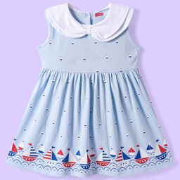Babyhug Cotton Knit Sleeveless Frock with Boat Print - Light Blue-image-27