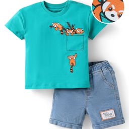 Mark & Mia Cotton Lycra Knit Half Sleeves T-Shirt & Denim Shorts Set with Animal Print & Patch Detailing - Light Blue & Turquoise-image-97