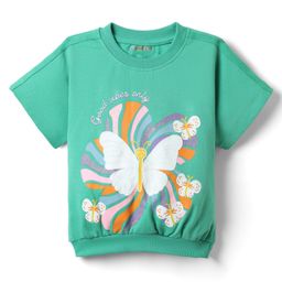 Kookie Kids Single Jersey Knit Half Sleeves T-Shirt with Rib Hem Butterfly Print - Mint-image-33