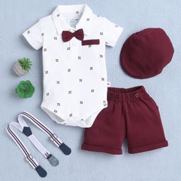 BUMZEE Cotton Half Sleeves Abstract Printed Onesie Shorts With Suspender Cap & Bow Set - White & Maroon-image-92