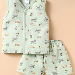 Tango Interlock Sleeveless Co-ords Front Open Shorts Night Suit with Jungle Theme Print - Light Green-image-0
