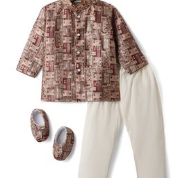 Dapper Dudes Full Sleeves Abstract Printed Kurta Pyjama With Juttis - Brown-image-16