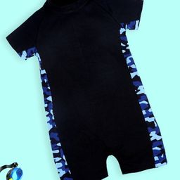 Kiddopanti Half Raglan Sleeves Camouflage Side Printed & Cut & Sew Detailed Swimsuit - Black & Blue Camouflage-image-19