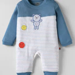 Mini Taurus Cotton Knit Full Sleeves Striped Romper with Teddy Embroidery - Royal Blue-picture-30