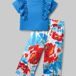 Ollington St. Cotton Knit Half Sleeves Top & Floral Printed Trackpant Set - Blue-picture-30