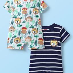 Babyhug 100% Cotton Knit Half Sleeves Rompers With Stripes & Animal Print Pack of 2 - Navy Blue & White-image-53