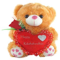 Tickles Teddy with Raksha Bandhan Wishes Heart Soft Stuffed Plush Toy for Boys & Girls Raksha Bandhan (Color: Brown & Red Size: Length 26 cm)-image-19