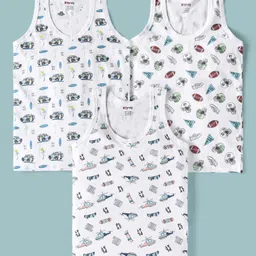 Revvo Junior Cotton Knit Sleeveless Vest with Vehicle & Baseball Print Pack of 3 - White-picture-10