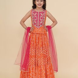 Bitiya By Bhama Cotton Blend Woven Sleeveless Floral Embroidered Bandhani Designed Coordinating Lehenga Choli With Dupatta Set - Orange-image-22