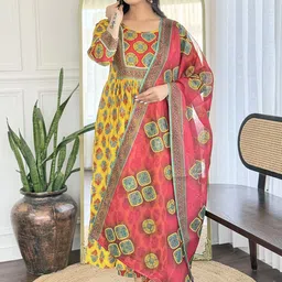 KALINI Floral Printed Thread Work A-Line Kurta with Churidar And Dupatta-picture-7