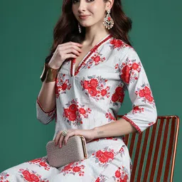 Indo Era Floral Printed Mirror Work Pure Cotton Kurta with Trousers-21