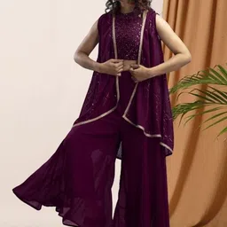 PARROT CREATION Embroidered Georgette Crop Top & Palazzos With Shrug-image-41