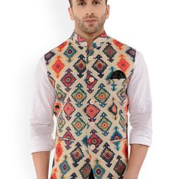 Hangup Men Beige Printed Nehru Jacket-37