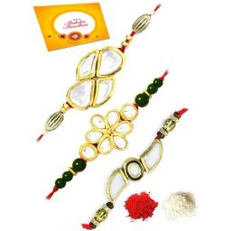 Karatcart Gold-Plated Kundan Rakhi with Roli Chawal & Greeting Card for Brother - Set of 3-29
