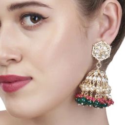 Zaveri Pearls Green & Pink Beads Traditional Kundan Jhumki Earrings-ZPFK13554-20