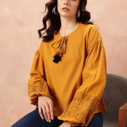 all about you Embroidered Tie-Up Neck Puff Sleeves Cotton - Linen Top-image-49