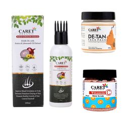CARET ORGANIC De-Tan Face Pack, Vitamin C Glow Scrub With Red Onion Seed Hair Oil-50