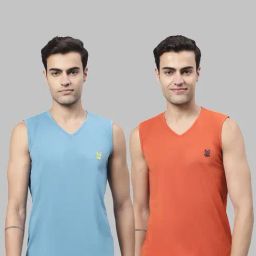 Vimal Jonney Blue & Rust Sleeveless Lounge T-Shirt - Pack of 2-image-89