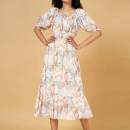 Honey by Pantaloons White & Peach Printed A-Line Dress-image-10