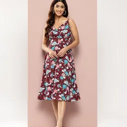 Qurvii Floral Printed Crepe A-Line Midi Dress-image-36