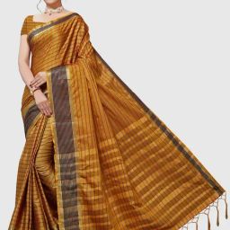 Vaamsi Mustard Chequered Saree With Unstitched Blouse-image-12