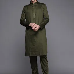 Manyavar Men Olive Green Solid Kurta with Churidar-image-24