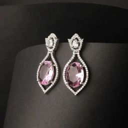 Priyaasi Pink Leaf Bud American Diamond Silver-Plated Drop Earrings-image-69