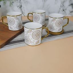 Femora White & Mustard 4 Pieces Printed Ceramic Glossy Coffee & Tea Cup image 1