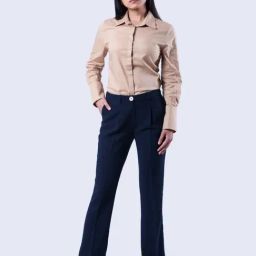 Qua Navy Blue Textured Crepe Modern Trousers-image-25