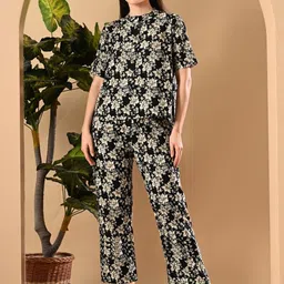 SUNEKH Floral Printed Mandarin Collar Neck Sleeves Cotton Top & Trouser-picture-36