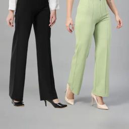 Kotty Black & Green Straight Fit High Rise Trousers (Pack Of 2)-picture-30