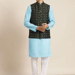 SOJANYA Men Blue Chikankari Pure Cotton Kurta with Churidar & Nehru Jacket-picture-28