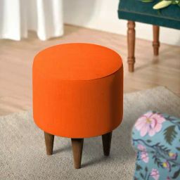 Chumbak French Carribean Solid Coral Orange Wood Ottoman-15
