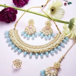 Zaveri Pearls Turquoise Blue Beads Kundan Cluster Necklace Earring Maangtikka & Ring Set-ZPFK16233-image-80