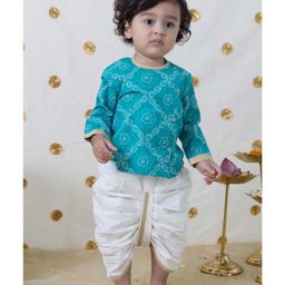 Tiber Taber Full Sleeves Block Motif  Bandhani Design & Lace Embellished Kurta With Coordinating Dhoti Set - Blue-image-96