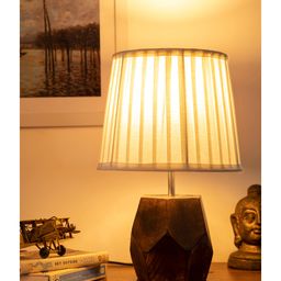 Green Girgit Wooden Hexa Lamp with Pleeted Cotton White Shade-16