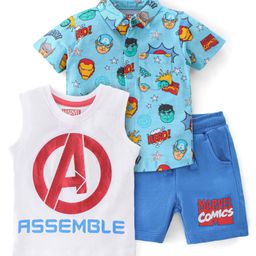 Babyhug Marvel Single Jersey Knit Marvel  Shirt & Short With Sleeveless Inner Tee & Avengers Print - Blue & White-picture-24