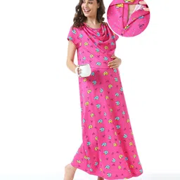 Bella Mama 100% Cotton Knit Half Sleeves Nursing Nighty Bear Print - Pink-picture-9