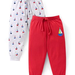 Babyhug Cotton Knit Full Length Lounge Pants Boat Print - Grey & Red-image-50