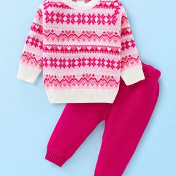 Babyhug Knitted Full Sleeves Pullover Sweater Set With Heart Design - Dark Pink-image-94