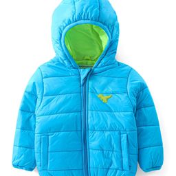 Babyhug Woven Full Sleeves Hooded Padded Jacket with Dino Applique - Blue-image-47