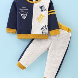 ToffyHouse 100% Cotton Knit Full Sleeves T-Shirt & Lounge Pants Set With Text Print - Navy & Light Grey-image-60