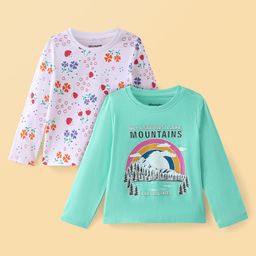 Honeyhap Premium  100% Cotton Knit Full Sleeves Tops with Floral Print Pack of 2 - Pool Green & Bright White-image-34