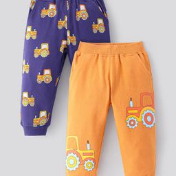 Bonfino 100% Cotton Knit Full Length Lounge Pants With Tractors Print Pack Of 2 - Navy & Orange-image-82